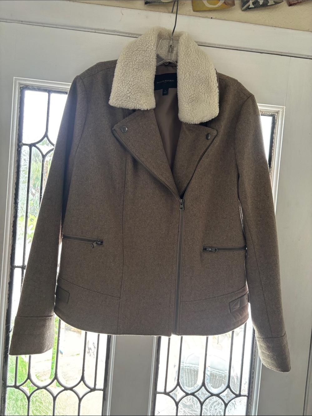 Banana Republic Taupe Jacket with Cream Sherpa Collar